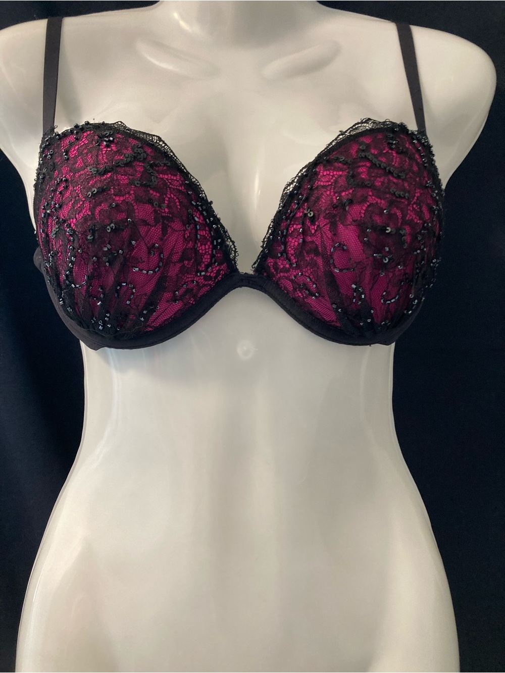 La Senza 34C Black Pink Lace Sequin Push Up Bra